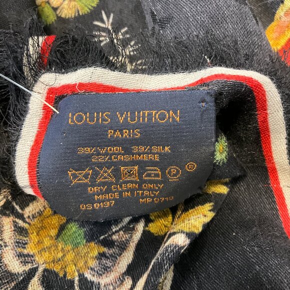Louis Vuitton Black Multi Floral Monogram Fringed Large Wool Silk Cashmere Scarf - Picture 6 of 6